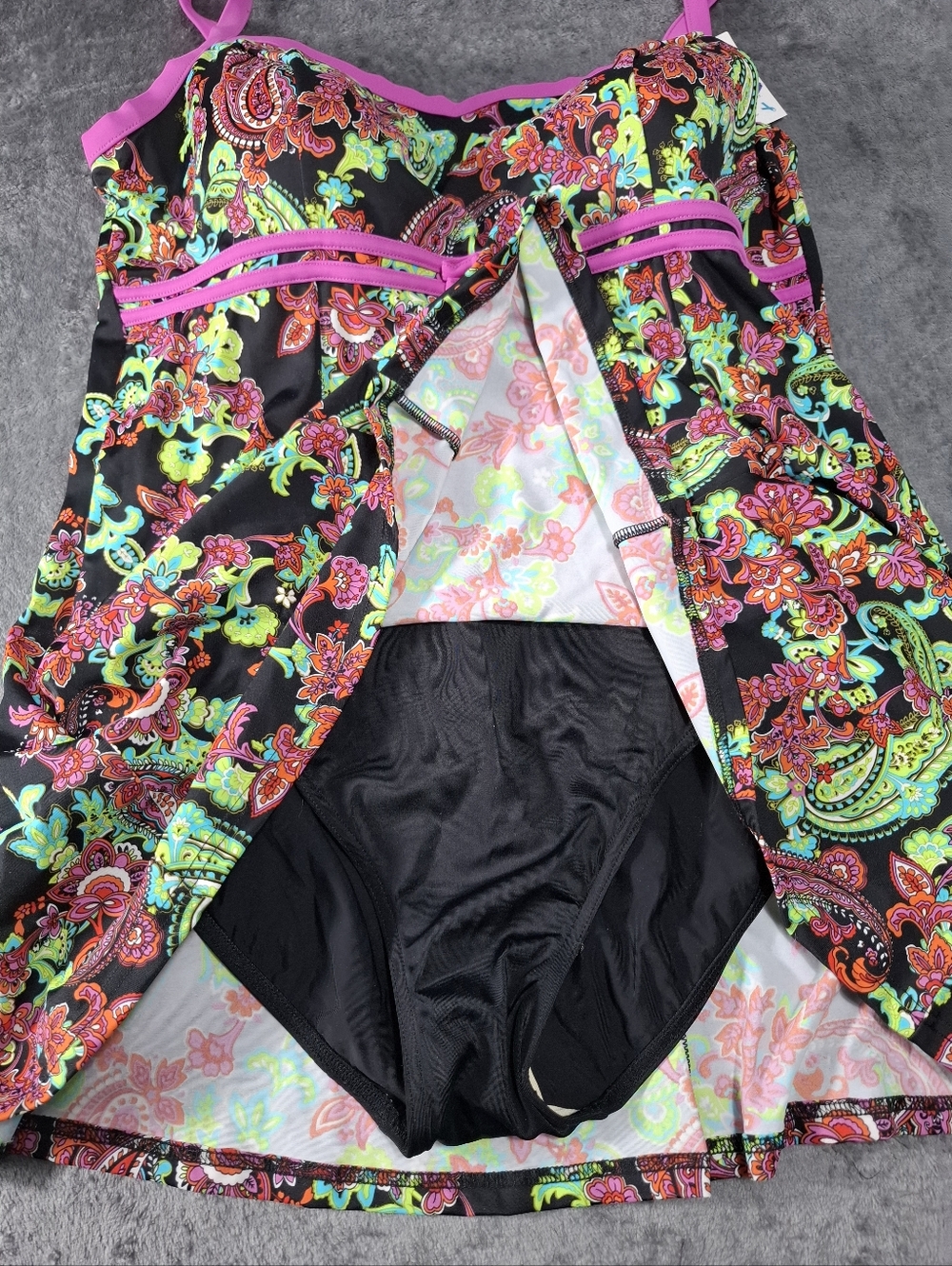 Fit 4U Pink Empire Banded Multicolor Paisley  One Piece Swimsuit Dress Sz 14 NWT - Picture 7 of 9
